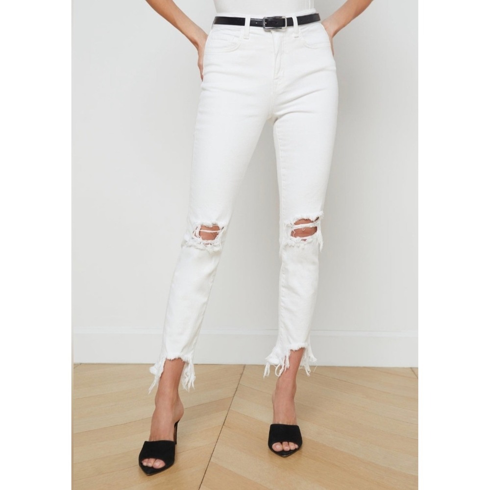 L'AGENCE High Line White Distressed Skinny Jeans High Rise Raw Step Hem 27 Blanc